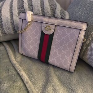 Gucci Gray and Red Clutch with Gold Accents
